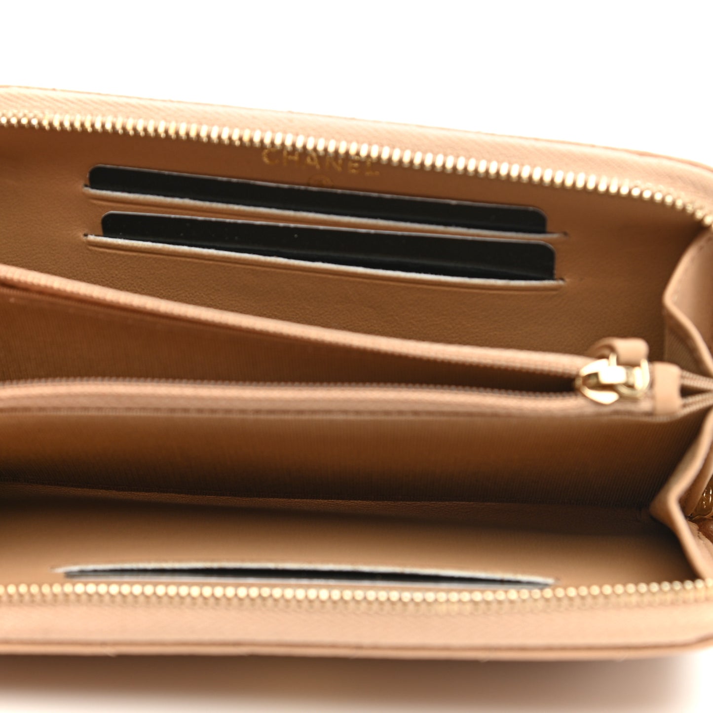 Glazed Lambskin Chevron Quilted Zip Around Wallet Beige