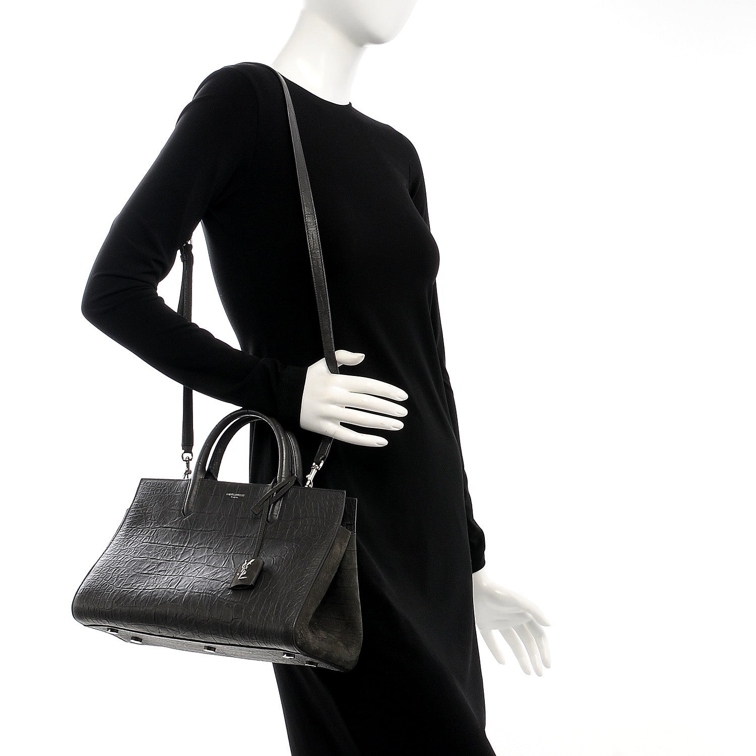 Saint Laurent Calfskin Crocodile Embossed Suede Small Cabas Rive Gauche Dark Anthracite 2 of 8