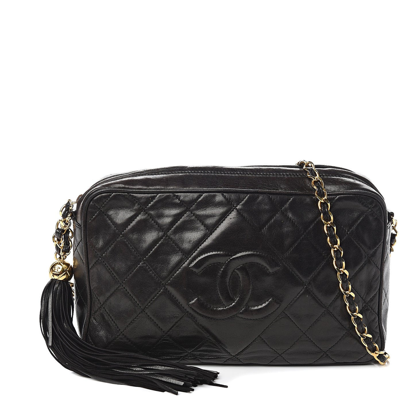 Lambskin Quilted CC Tassel Camera Case Black