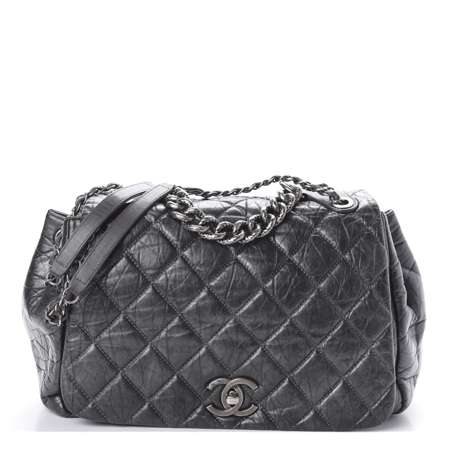 Metallic Aged Calfskin Quilted Large Pondichery Flap Dark Grey