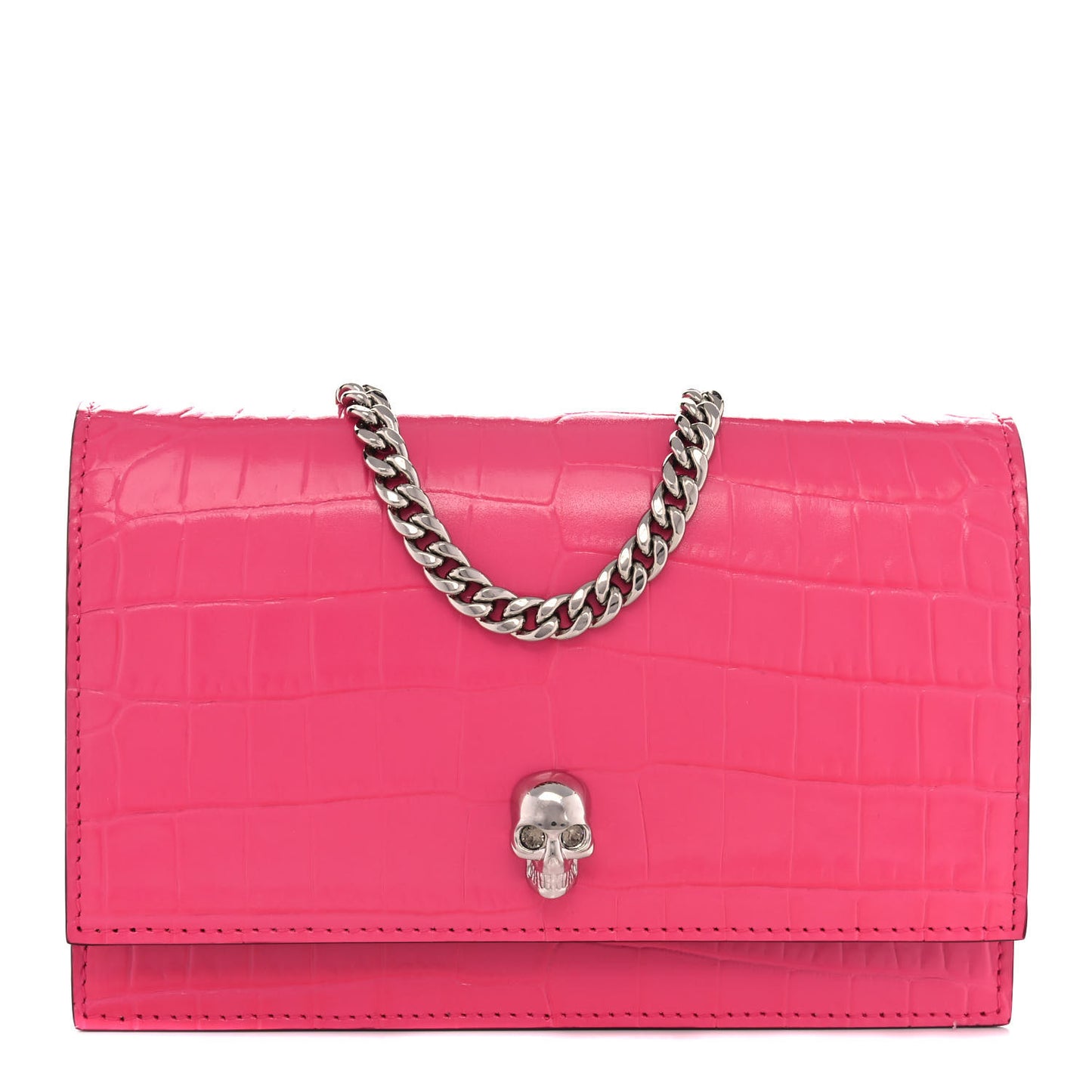 Calfskin Crocodile Embossed Skull Mini Crossbody Bag Pink