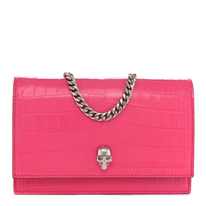 Alexander McQueen Calfskin Crocodile Embossed Skull Mini Crossbody Bag Pink 1 of 11
