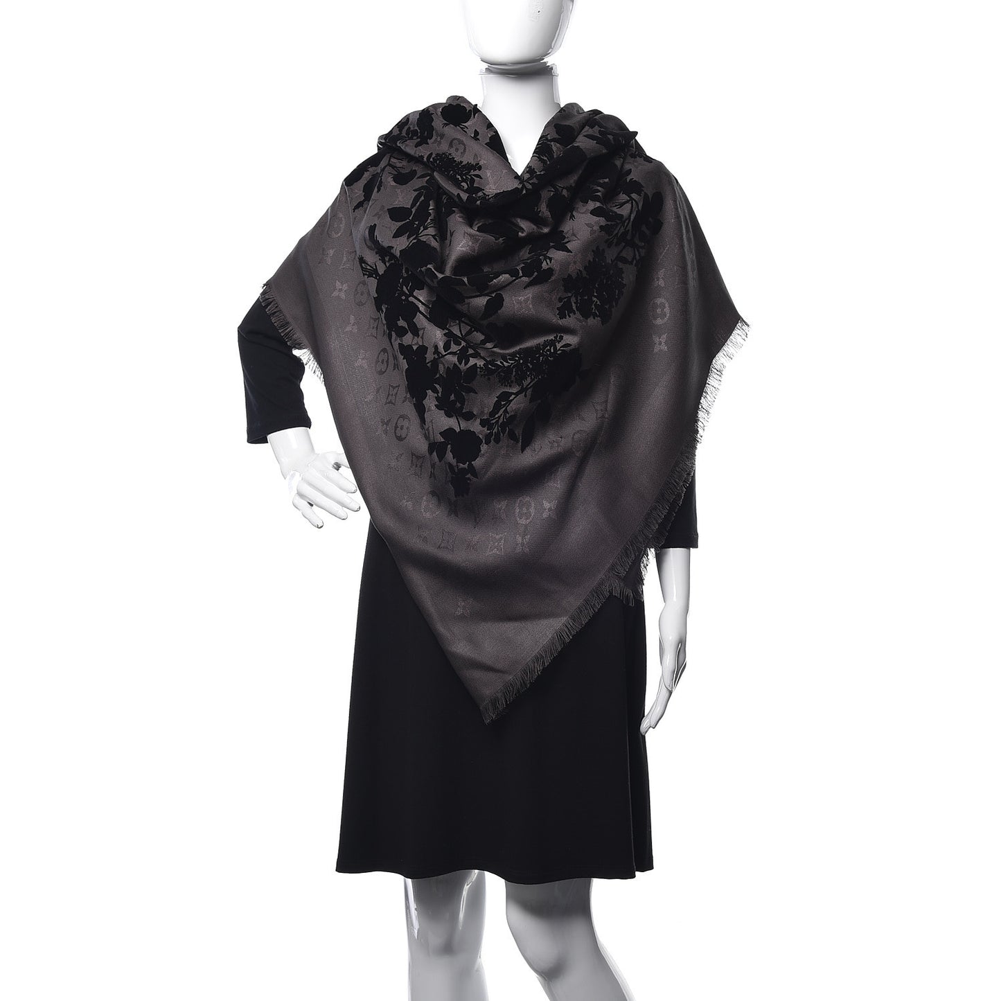 Wool Silk Monogram Poetic Shawl Grey Black