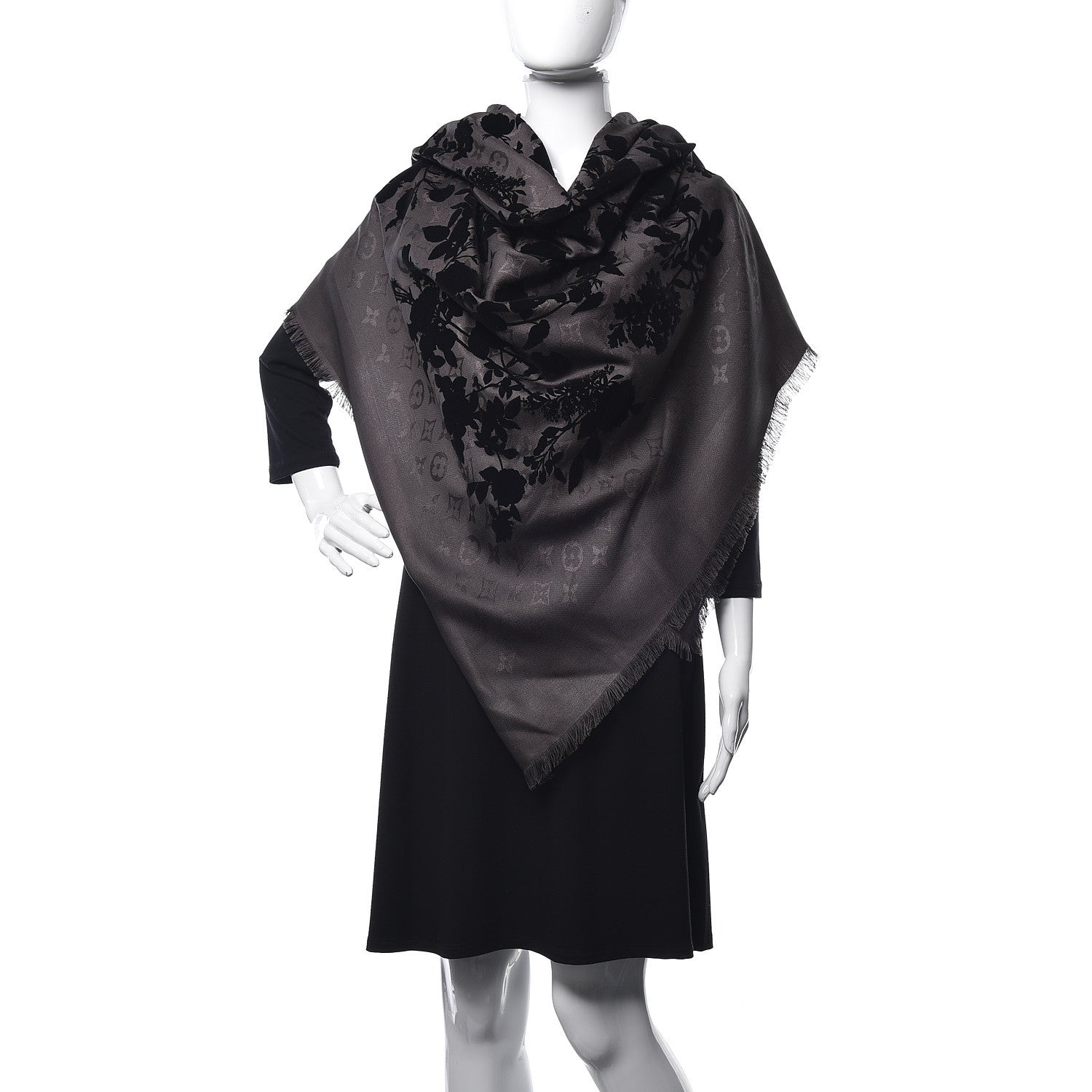 Louis Vuitton Wool Silk Monogram Poetic Shawl Grey Black 2 of 6