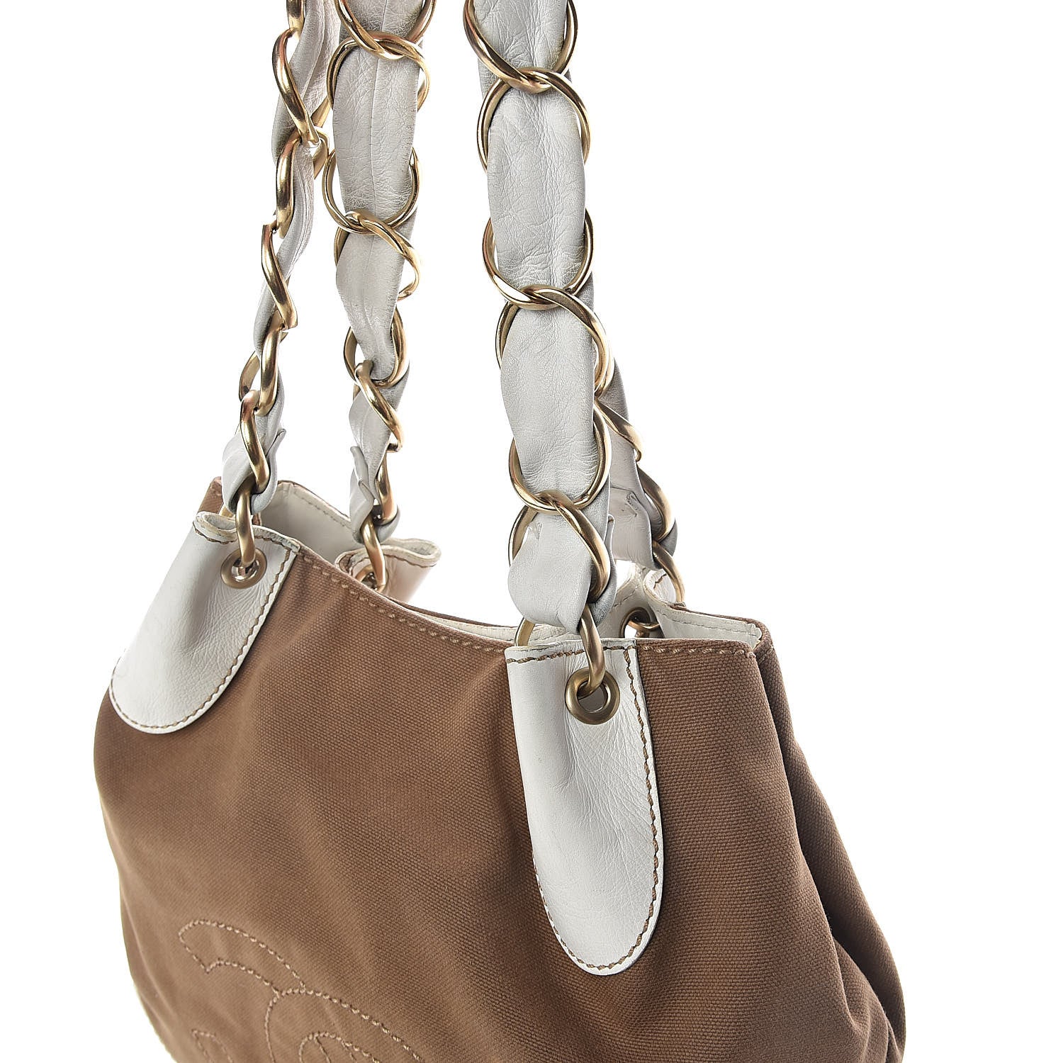 Chanel Canvas Calfskin CC Tote Brown White 10 of 17
