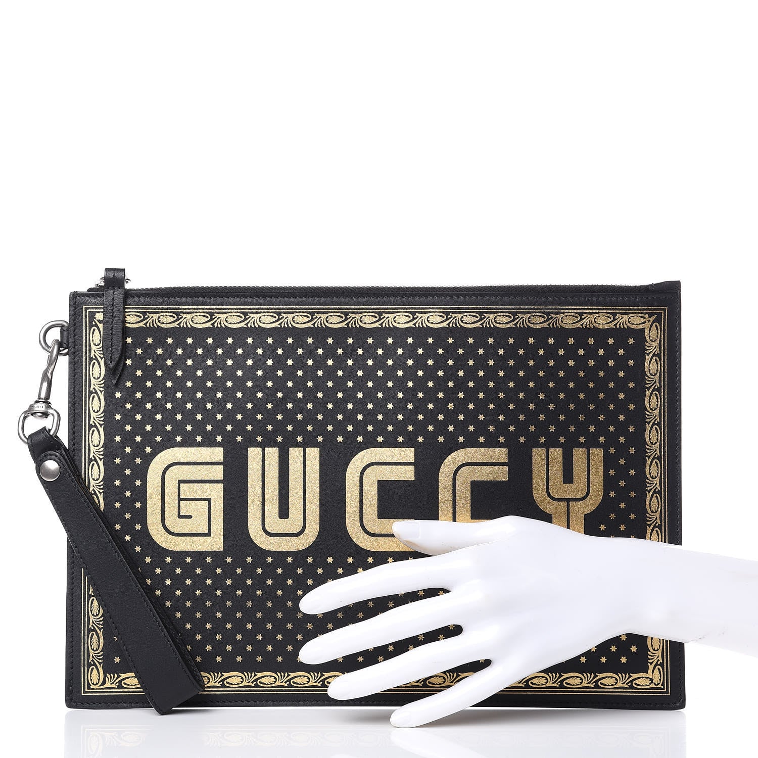 Gucci X SEGA Calfskin GUCCY Stars Zip Wristlet Pouch Black Gold 2 of 8