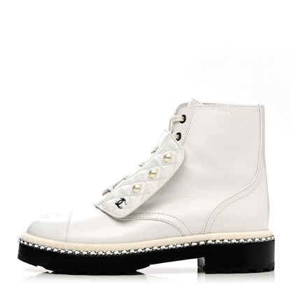 Chanel Crackled Calfskin Pearl Chain CC Combat Short Boots 37 White 1 of 13