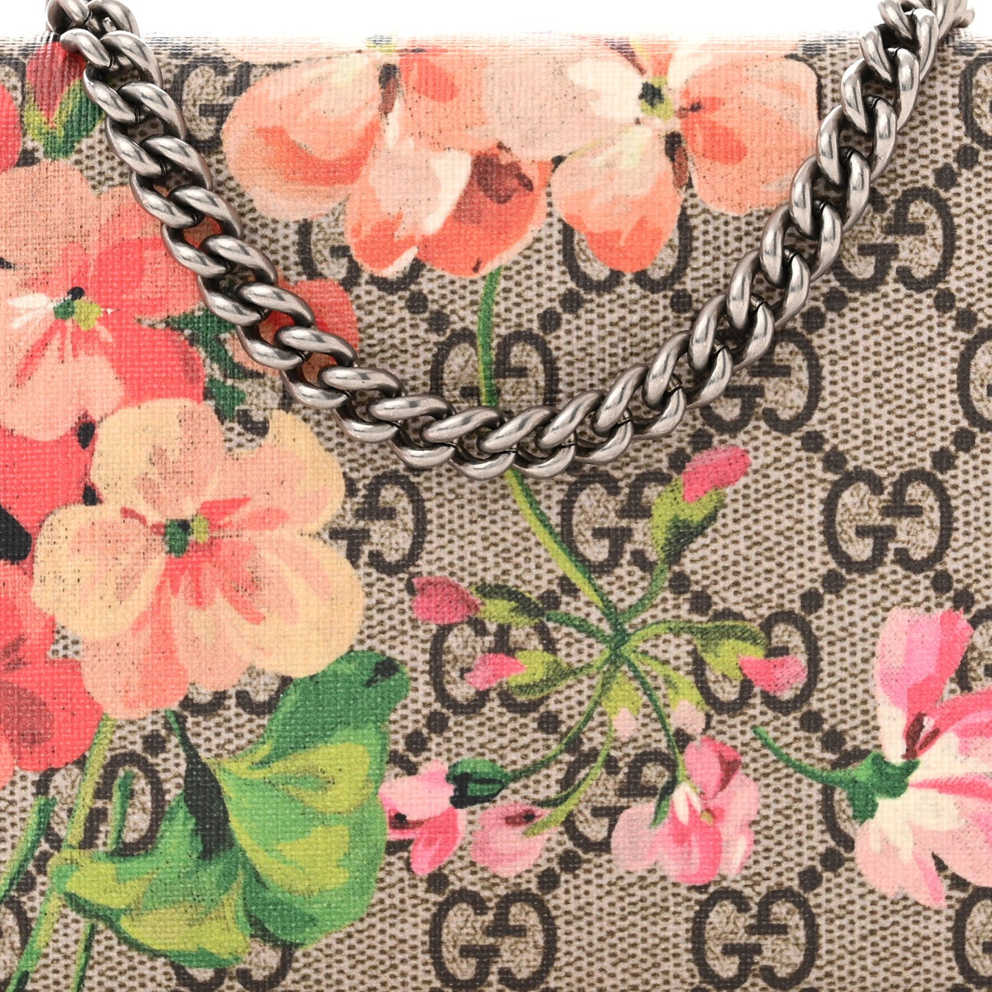 GG Supreme Monogram Blooms Chain Wallet Beige Multicolor Dry Rose