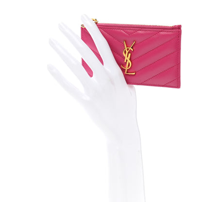 Saint Laurent Grain De Poudre Matelasse Chevron Monogram Fragments Zippered Card Case Fresh Fuxia 2 of 7