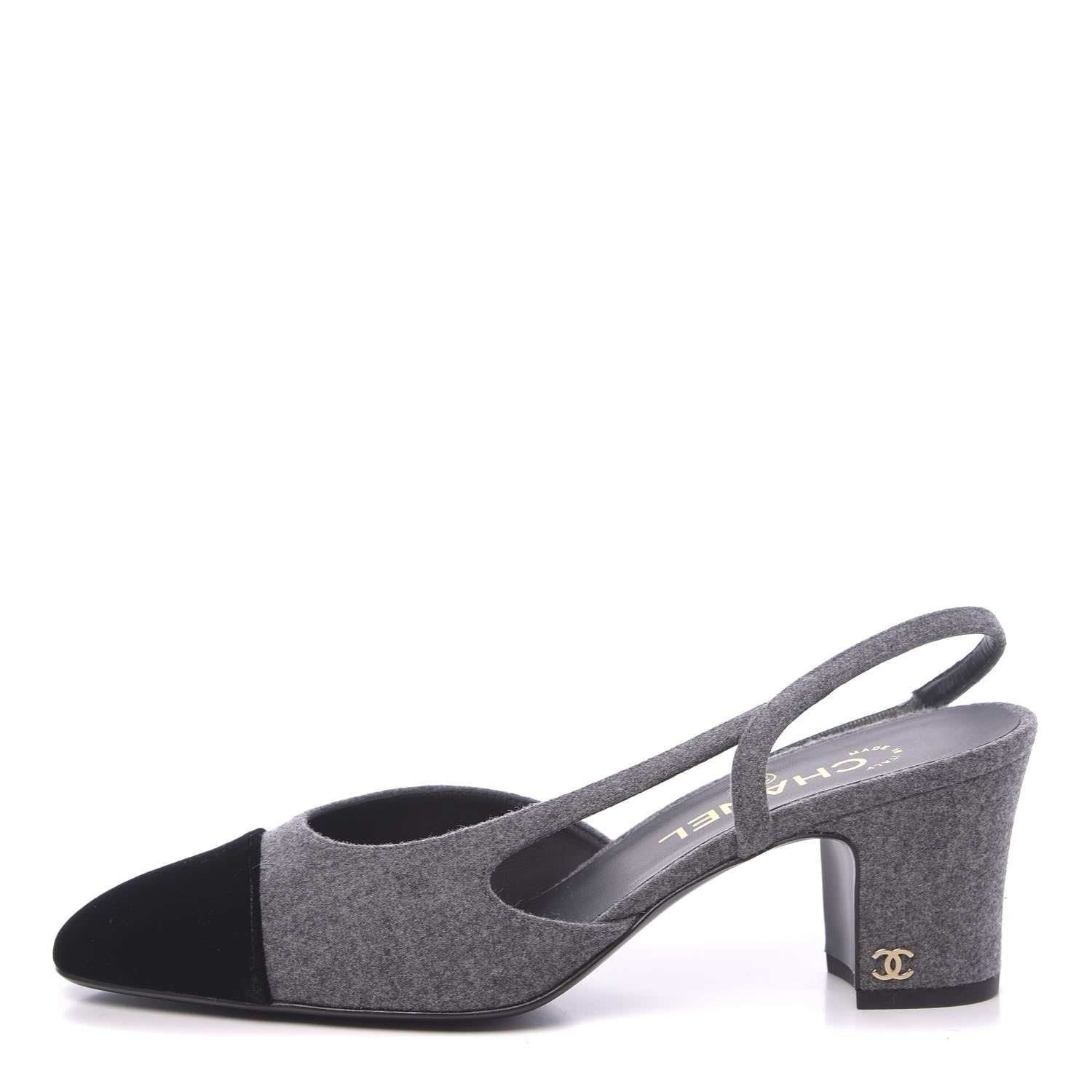 Chanel Wool Velvet Cap Toe CC Slingback Pumps 38 Black Grey 1 of 9