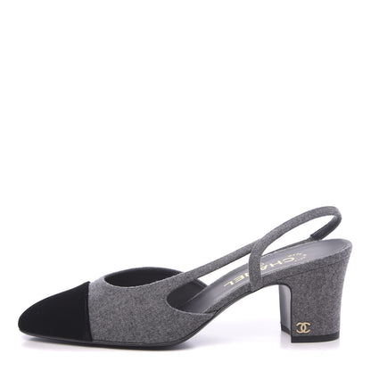 Chanel Wool Velvet Cap Toe CC Slingback Pumps 38 Black Grey 1 of 9