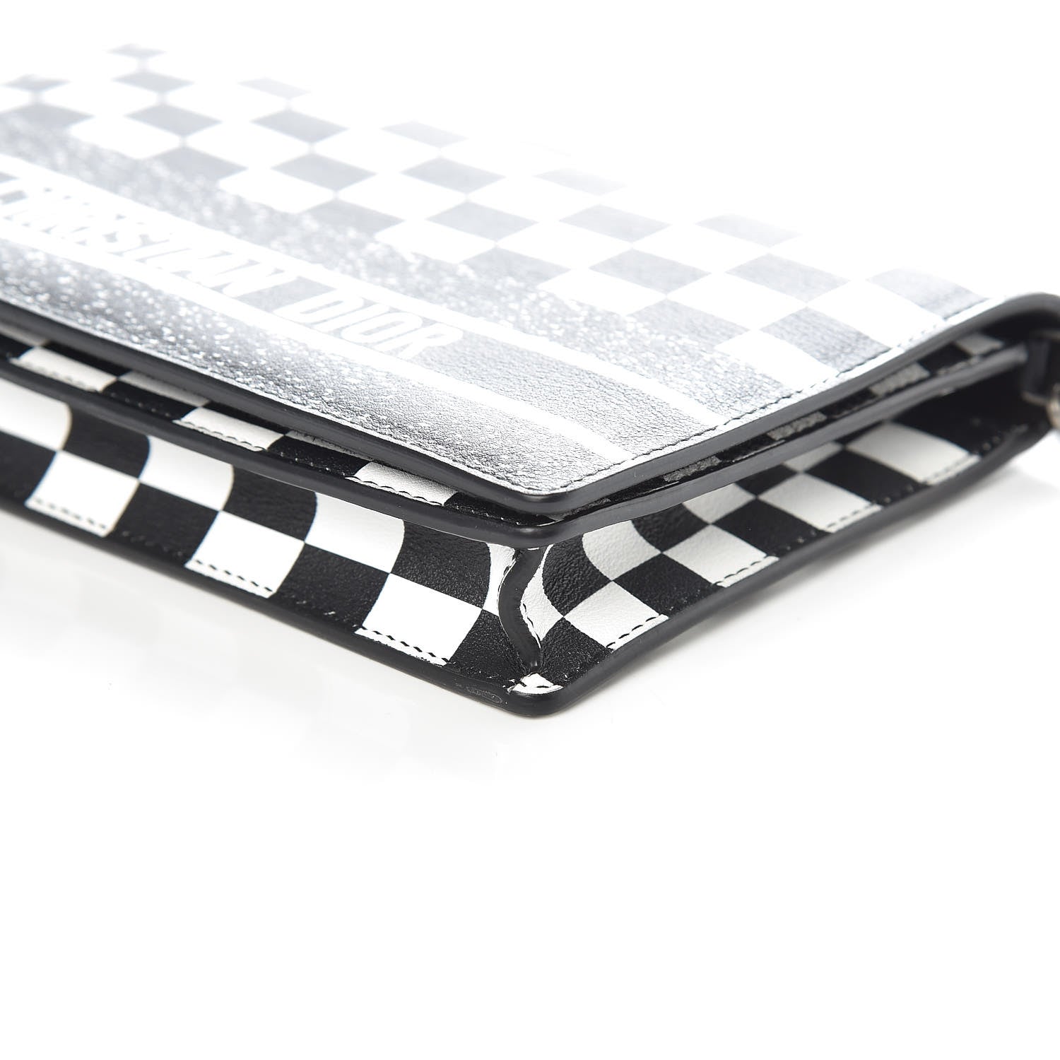 Christian Dior Calfskin Checkered Print Wallet On Chain WOC White Black 6 of 8