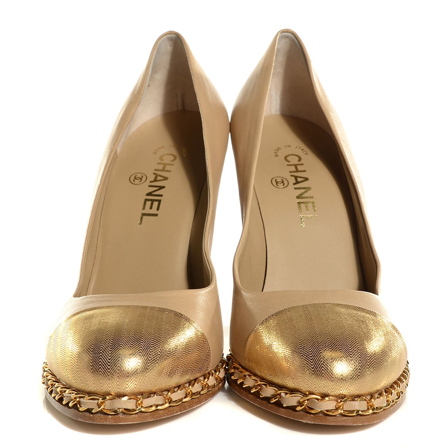 Lambskin Chain Around Cap Toe Pumps 39 Beige Gold