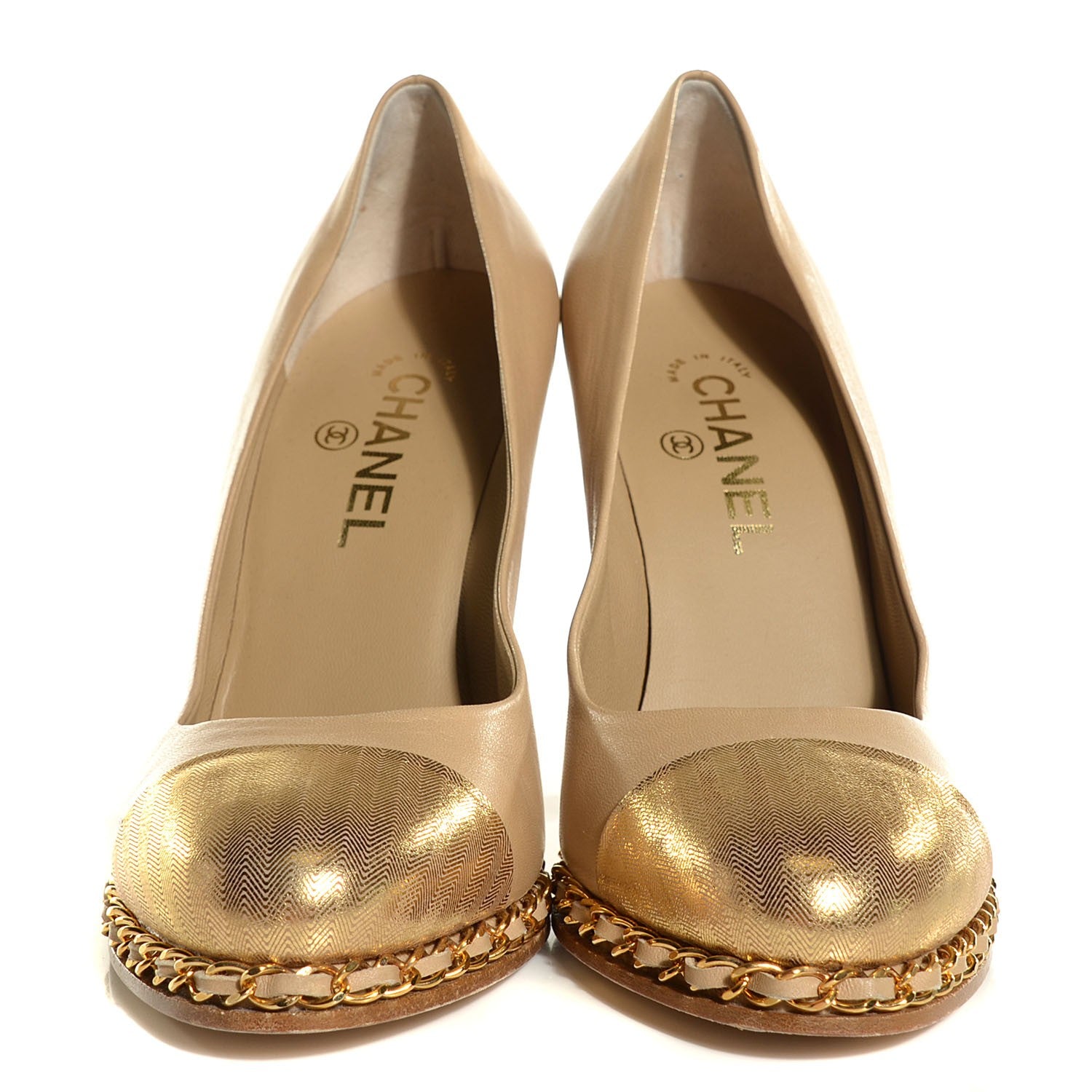 Chanel Lambskin Chain Around Cap Toe Pumps 39 Beige Gold 2 of 8