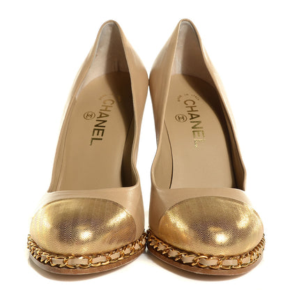 Chanel Lambskin Chain Around Cap Toe Pumps 39 Beige Gold 2 of 8
