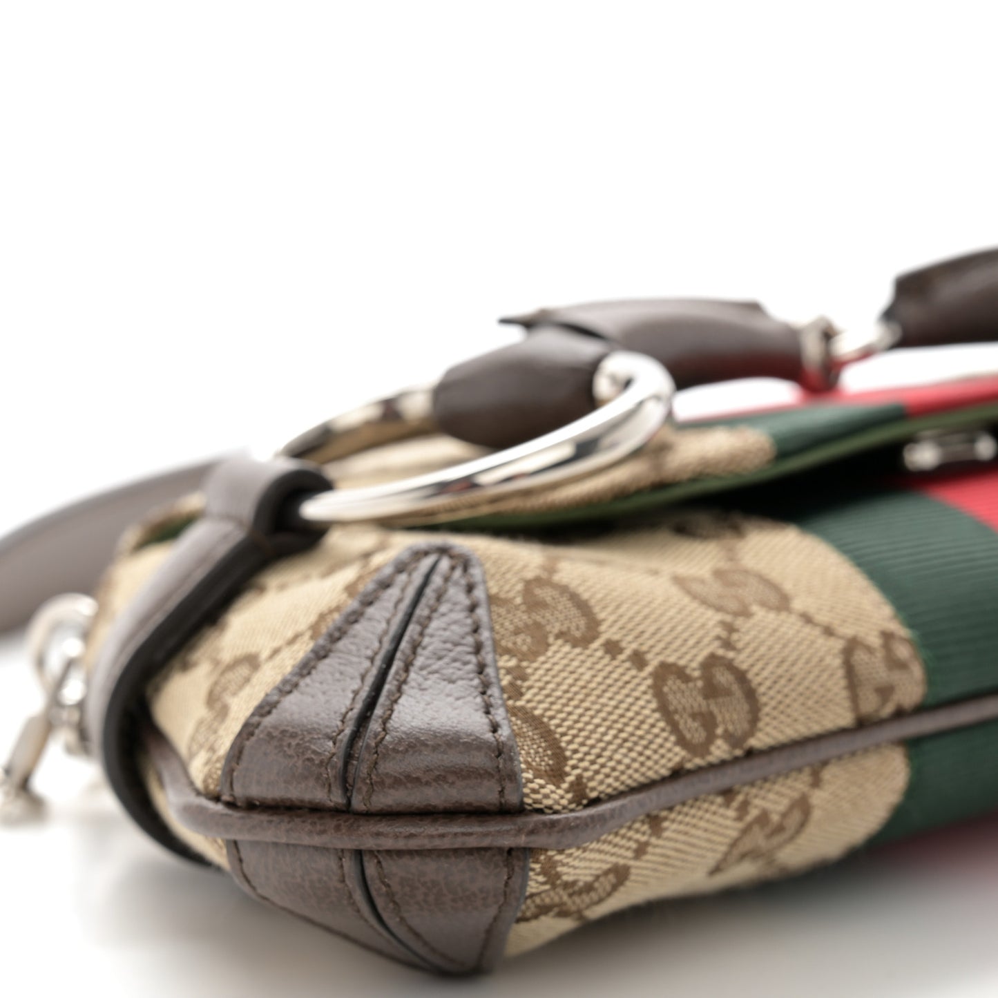 Monogram Textured Dollar Calfskin Heavy Grosgrain Web Small Maxi Horsebit Chain Shoulder Bag Beige Ebony New Acero