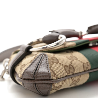 Gucci Monogram Textured Dollar Calfskin Heavy Grosgrain Web Small Maxi Horsebit Chain Shoulder Bag Beige Ebony New Acero 9 of 11