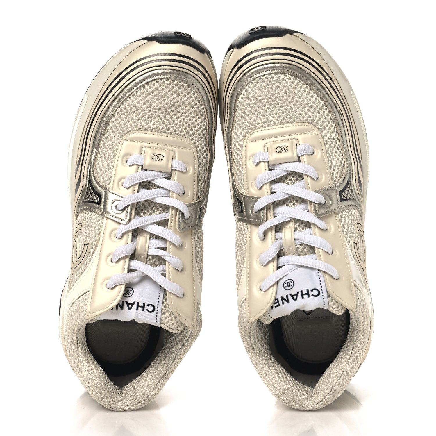 Chanel Fabric Laminated Calfskin Stretch CC Womens Sneakers 38 White Gold Silver 2 of 9