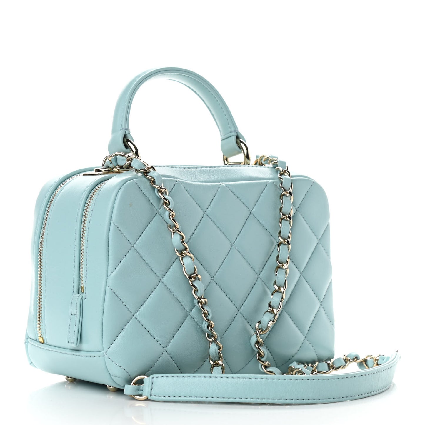 Lambskin Quilted Small Trendy CC Bowling Bag Light Blue