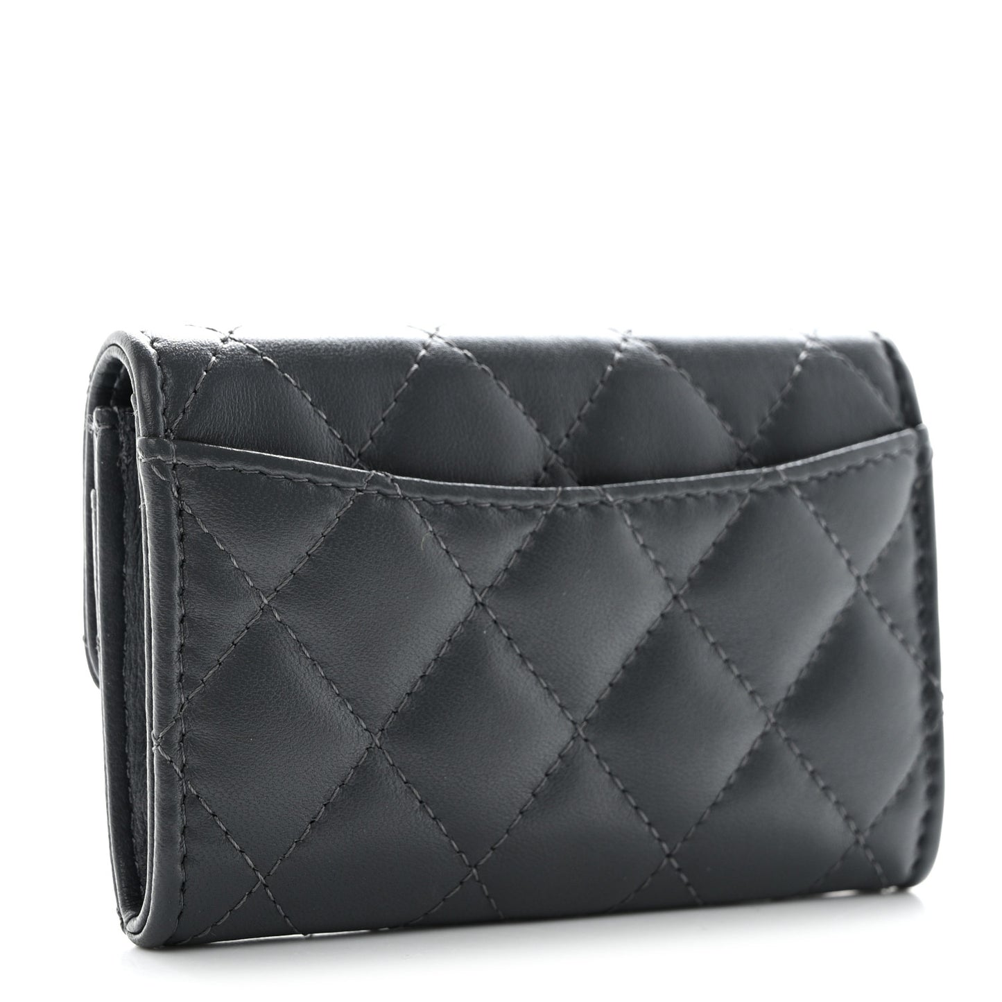 Lambskin Quilted Flap Card Holder Wallet Dark Grey