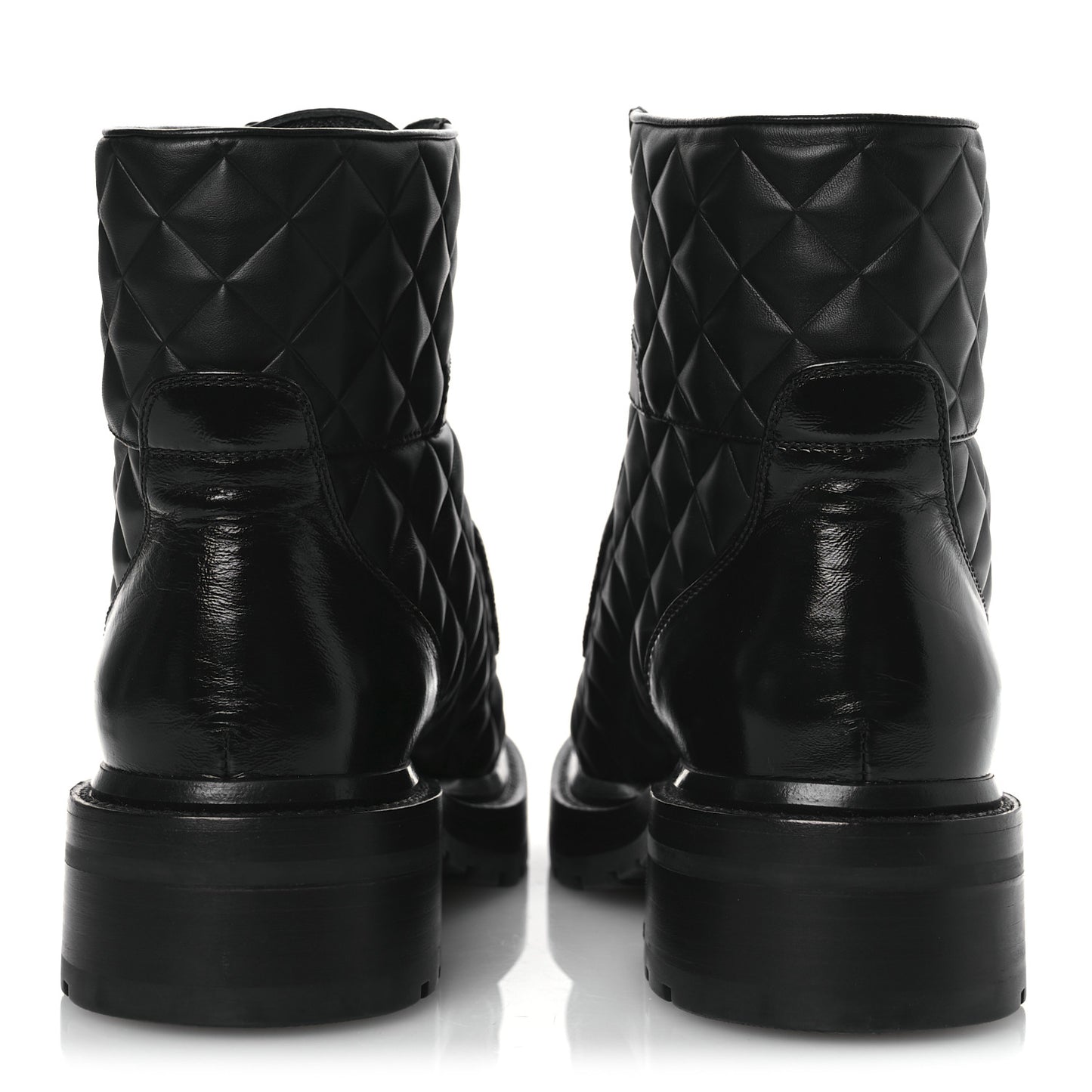 Shiny Calfskin Quilted Lace Up Combat Boots 38 Black