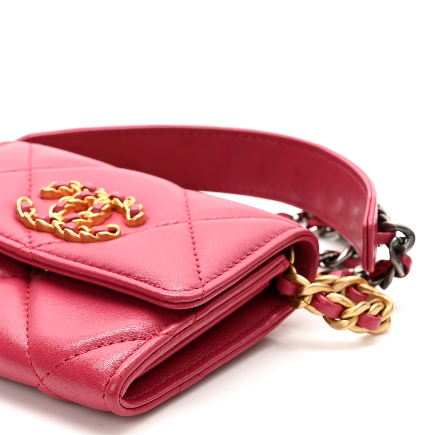 Lambskin Quilted Chanel 19 Flap Coin Purse With Chain Dark Pink