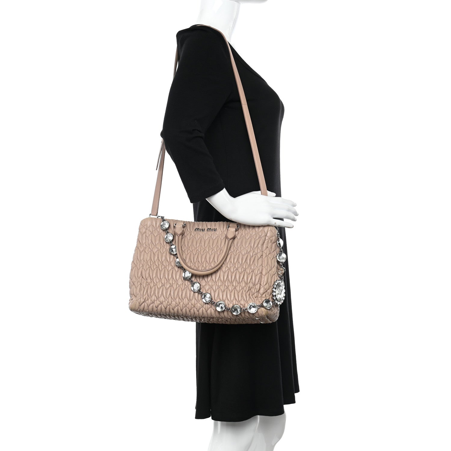 Miu Miu Nappa Matelasse Swarovski Crystal Tote Cammeo 2 of 14