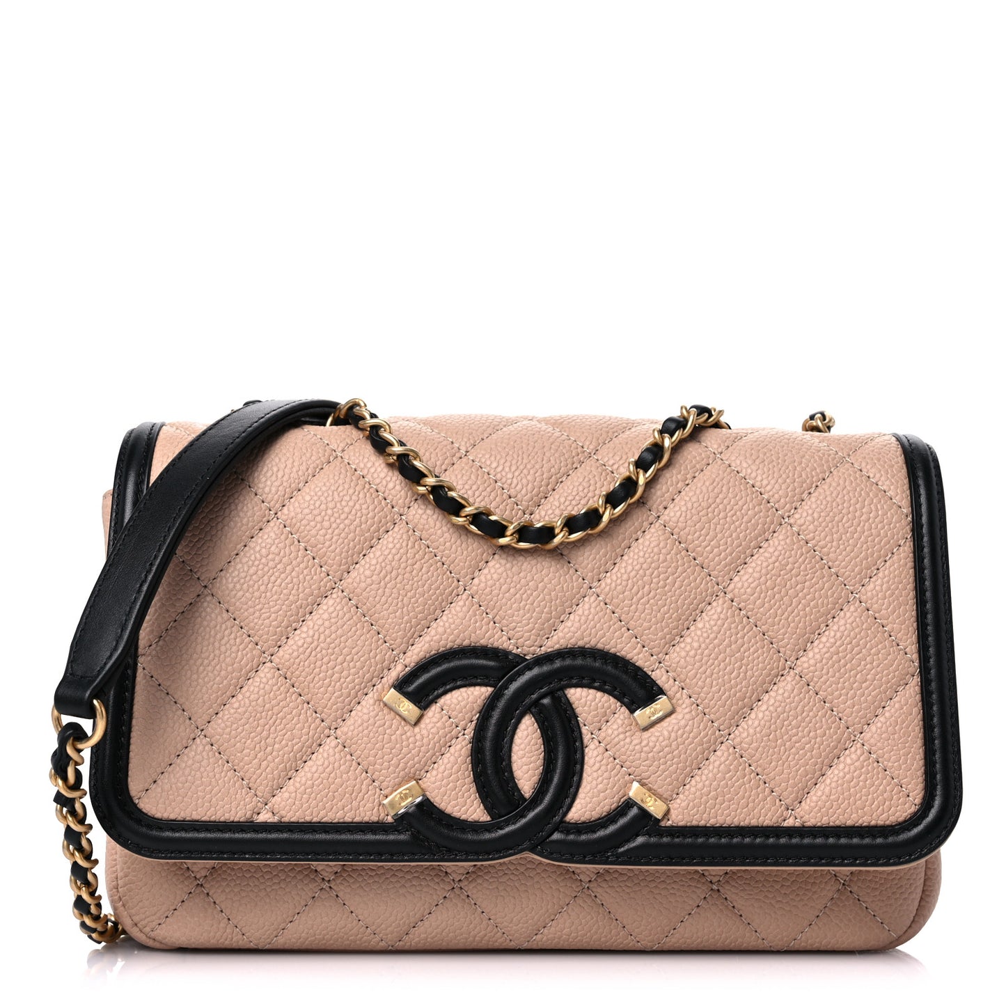 Caviar Quilted Small CC Filigree Flap Beige Black