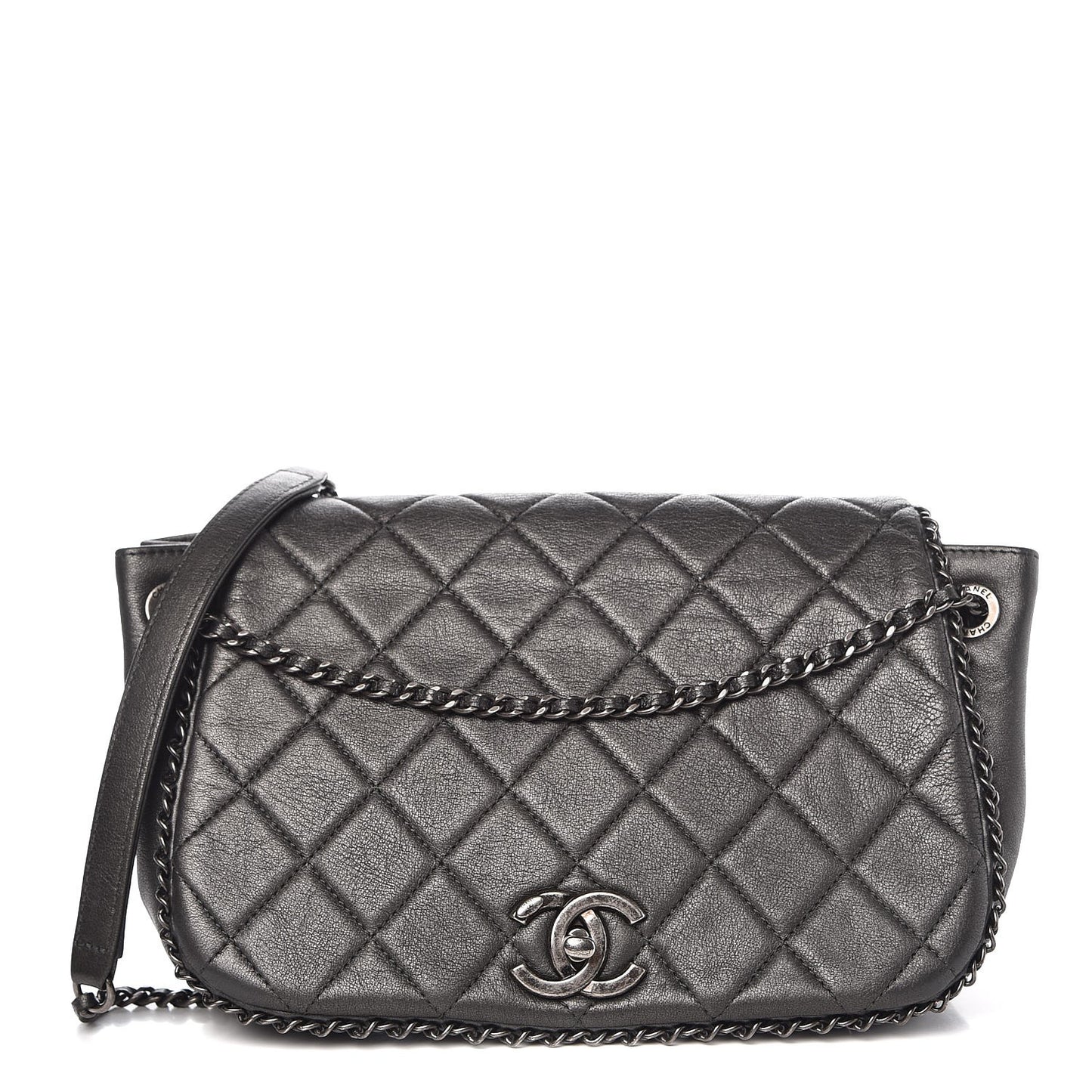 Calfskin Quilted Small CC Enchained Accordion Flap Grey