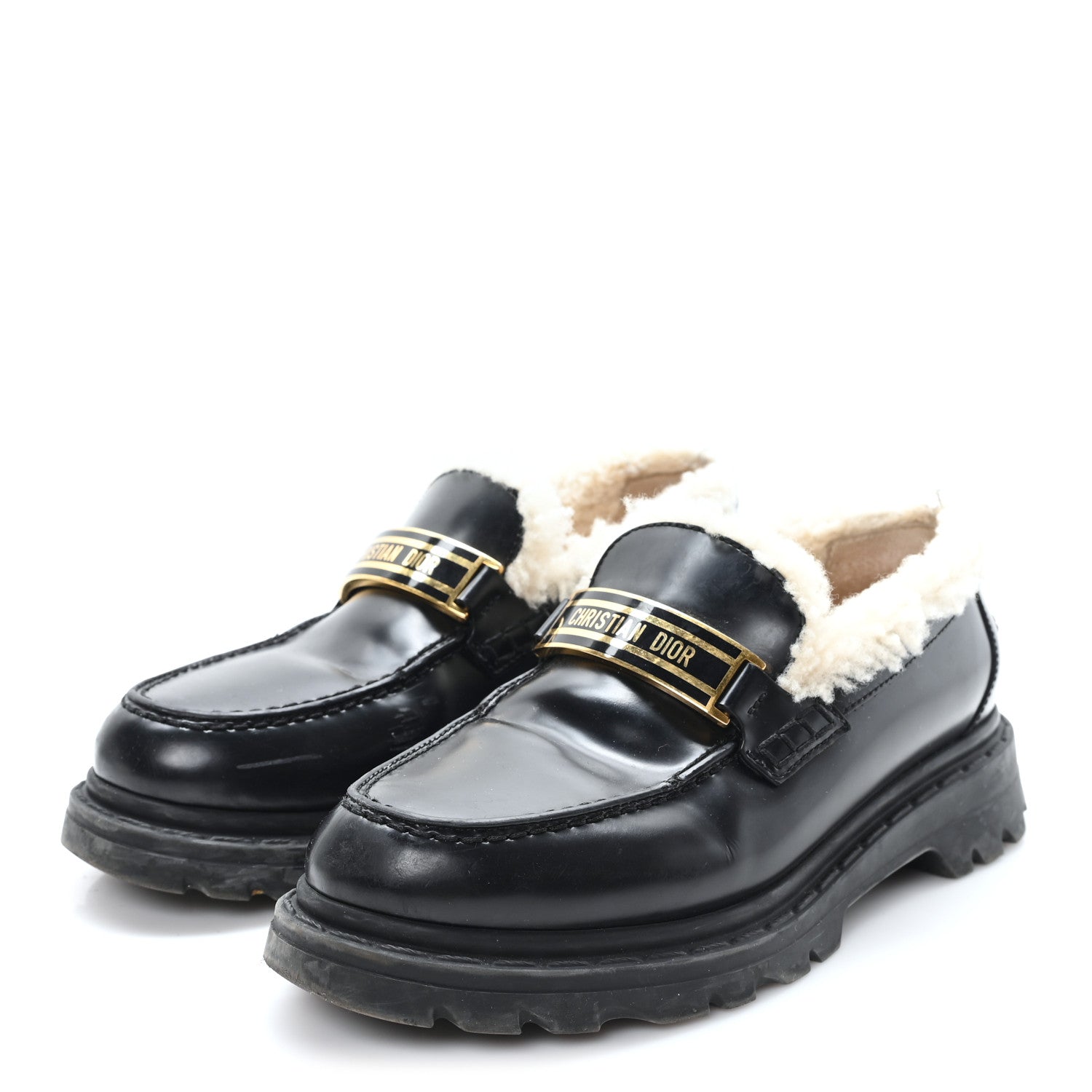 Christian Dior Brushed Calfskin Shearling Dior Code Lug Sole 15mm Loafers 35.5 Black Natural 5 of 10