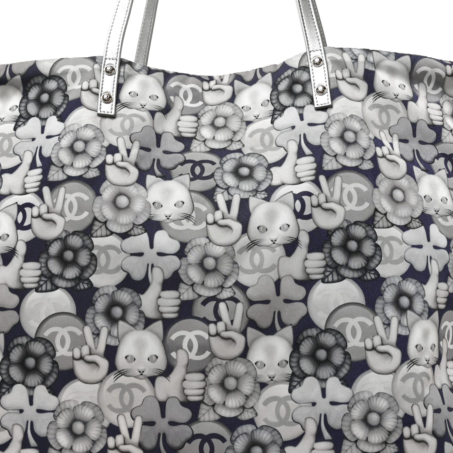 Nylon Cat Emoticon Tote Navy Silver