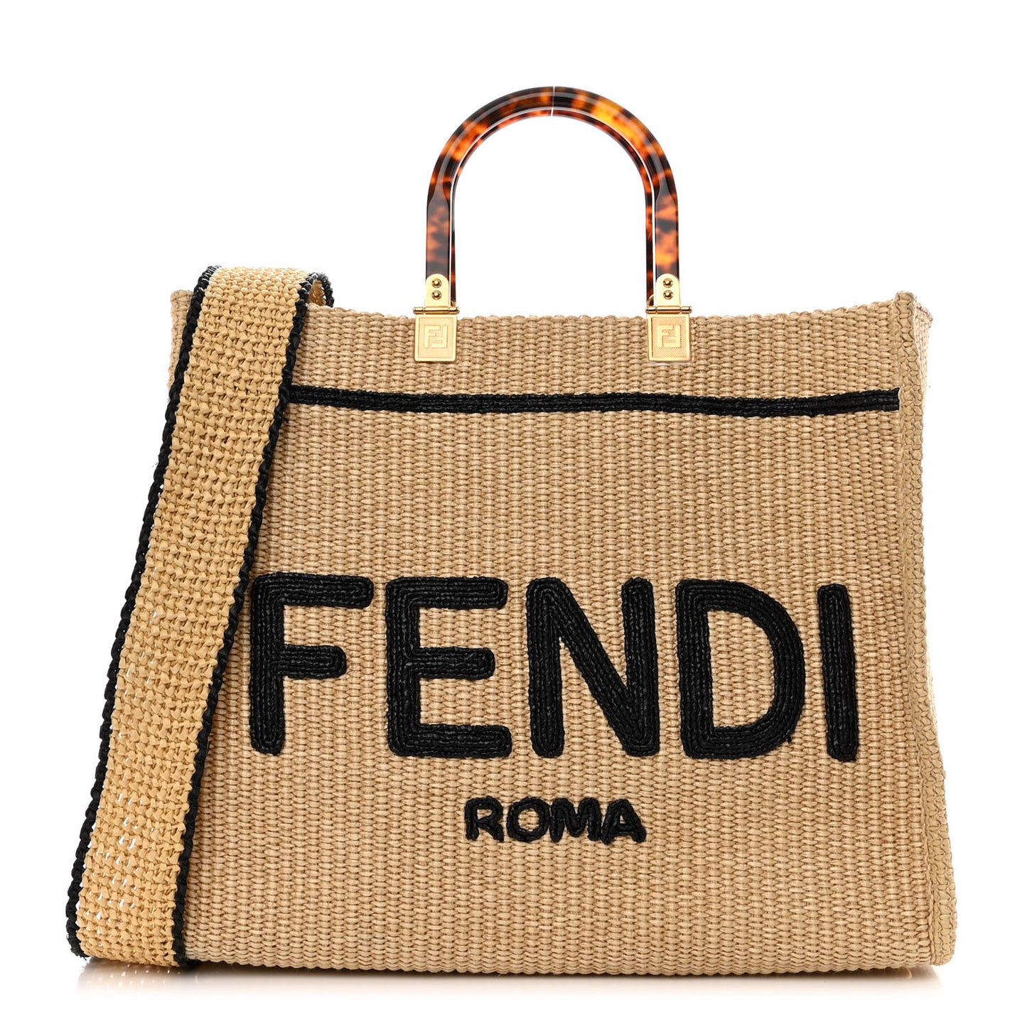 Straw Vitello King Plexiglass Woven Medium Fendi Sunshine Shopper Tote Natural Black