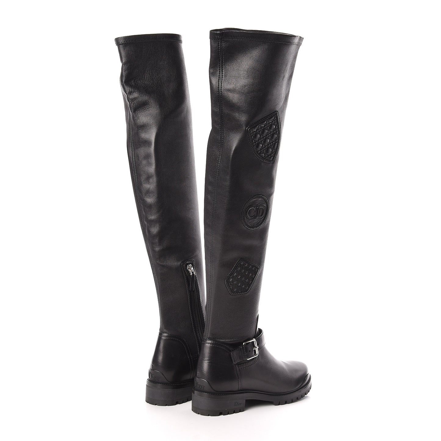 Stretch Lambskin Badge Knee High Boots 37 Black