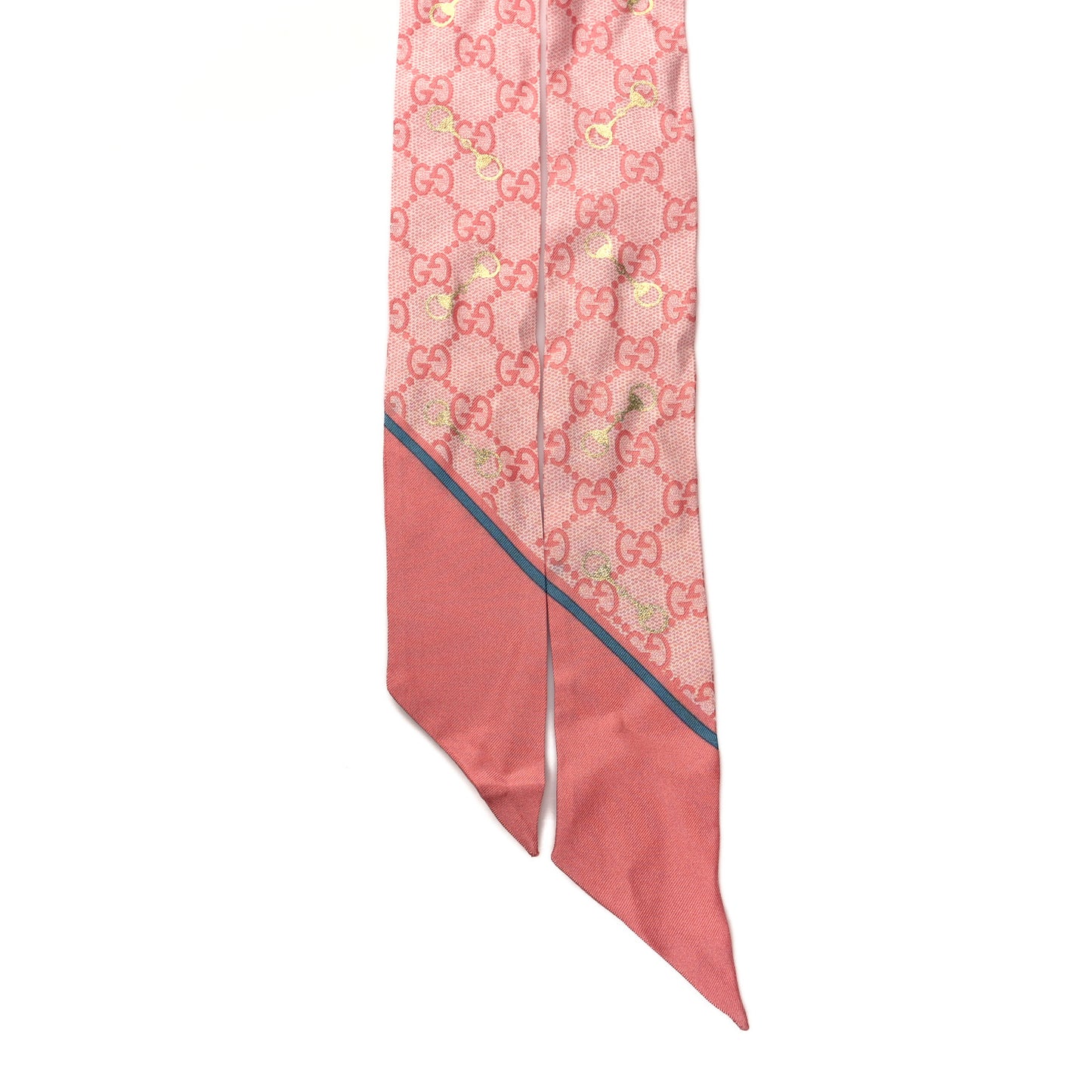 Silk Twill GG Monogram Gold Horsebity Neck Bow Scarf Pink Sky Blue
