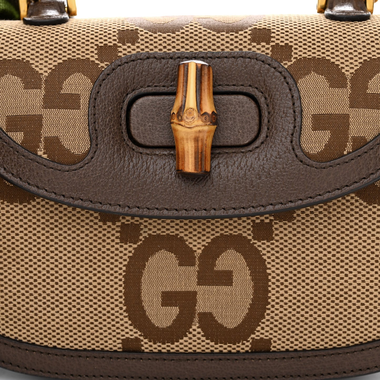 Monogram Jumbo GG Textured Dollar Calfskin Web Small Bamboo 1947 Top Handle Bag Camel Ebony New Acero