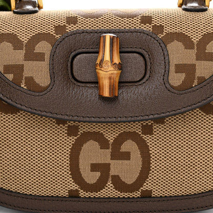 Gucci Monogram Jumbo GG Textured Dollar Calfskin Web Small Bamboo 1947 Top Handle Bag Camel Ebony New Acero 8 of 12