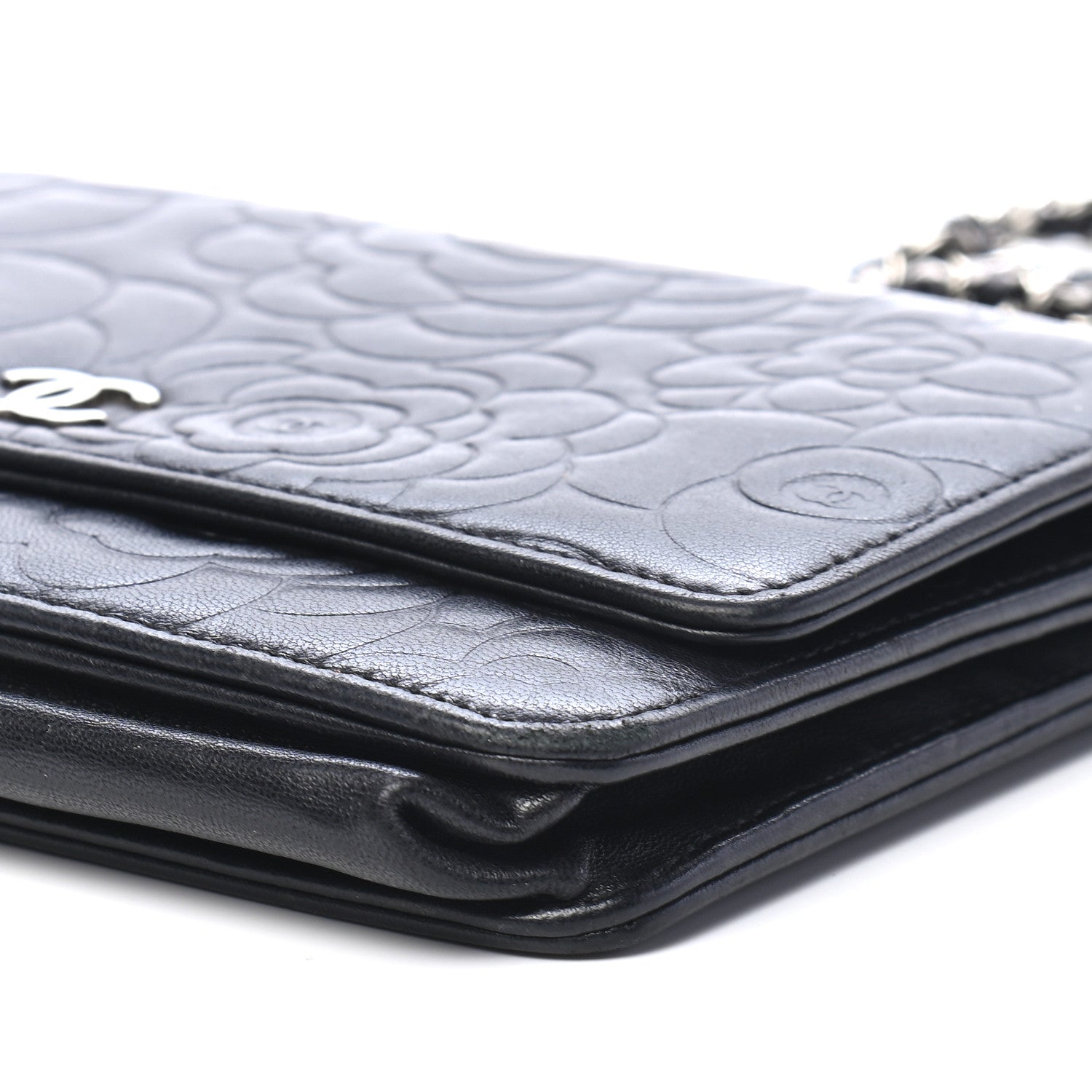 Chanel Lambskin Camellia Embossed Wallet On Chain WOC Black 9 of 9