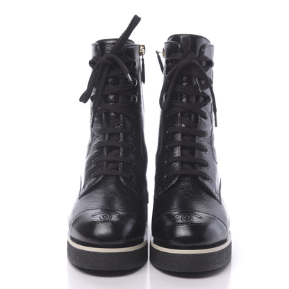 Chanel Shiny Crumpled Lambskin Cap Toe CC Lace Up Logo Boots 37 Black 2 of 8
