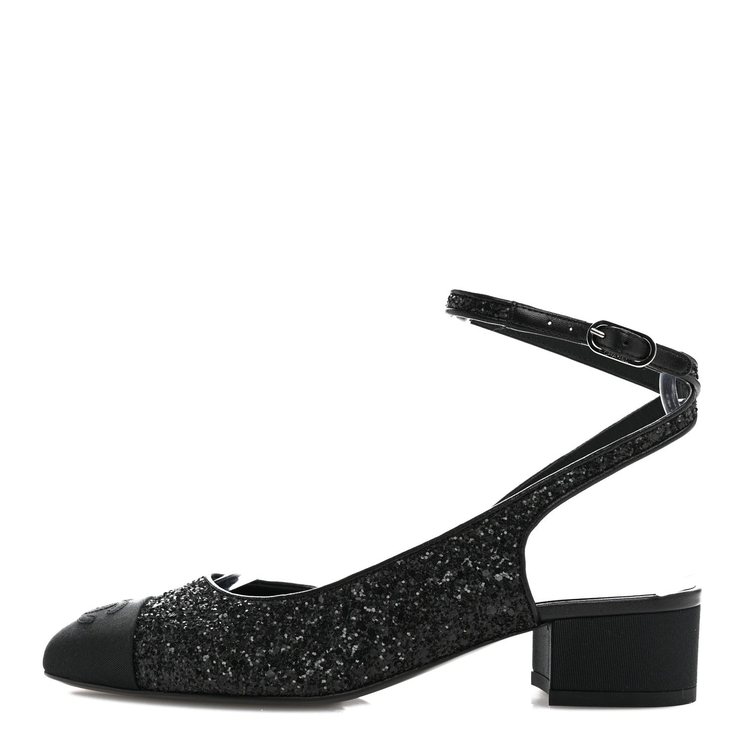 Chanel Glitter Grosgrain Cap Toe CC Ankle Wrap Pumps 37 Black 1 of 9