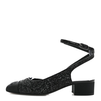 Chanel Glitter Grosgrain Cap Toe CC Ankle Wrap Pumps 37 Black 1 of 9