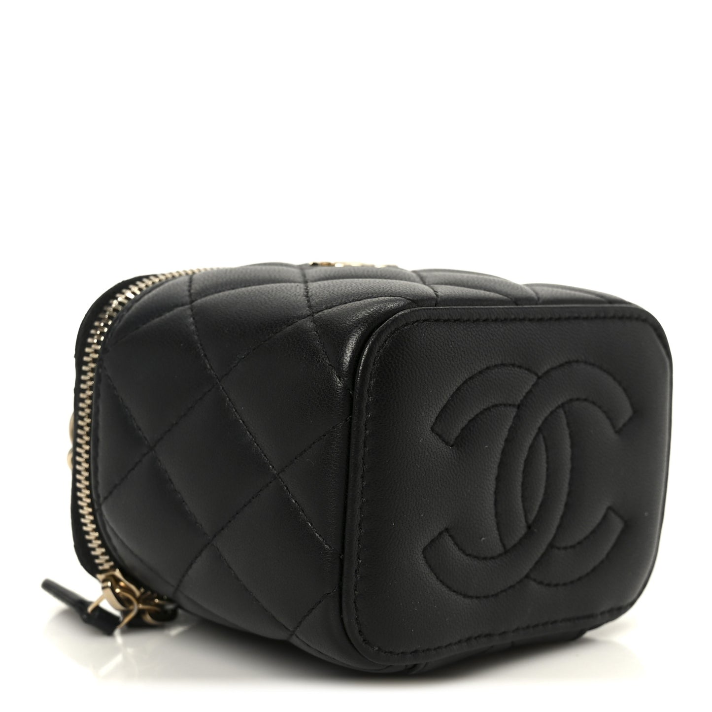 Lambskin Quilted Top Handle Mini Vanity Case With Chain Black