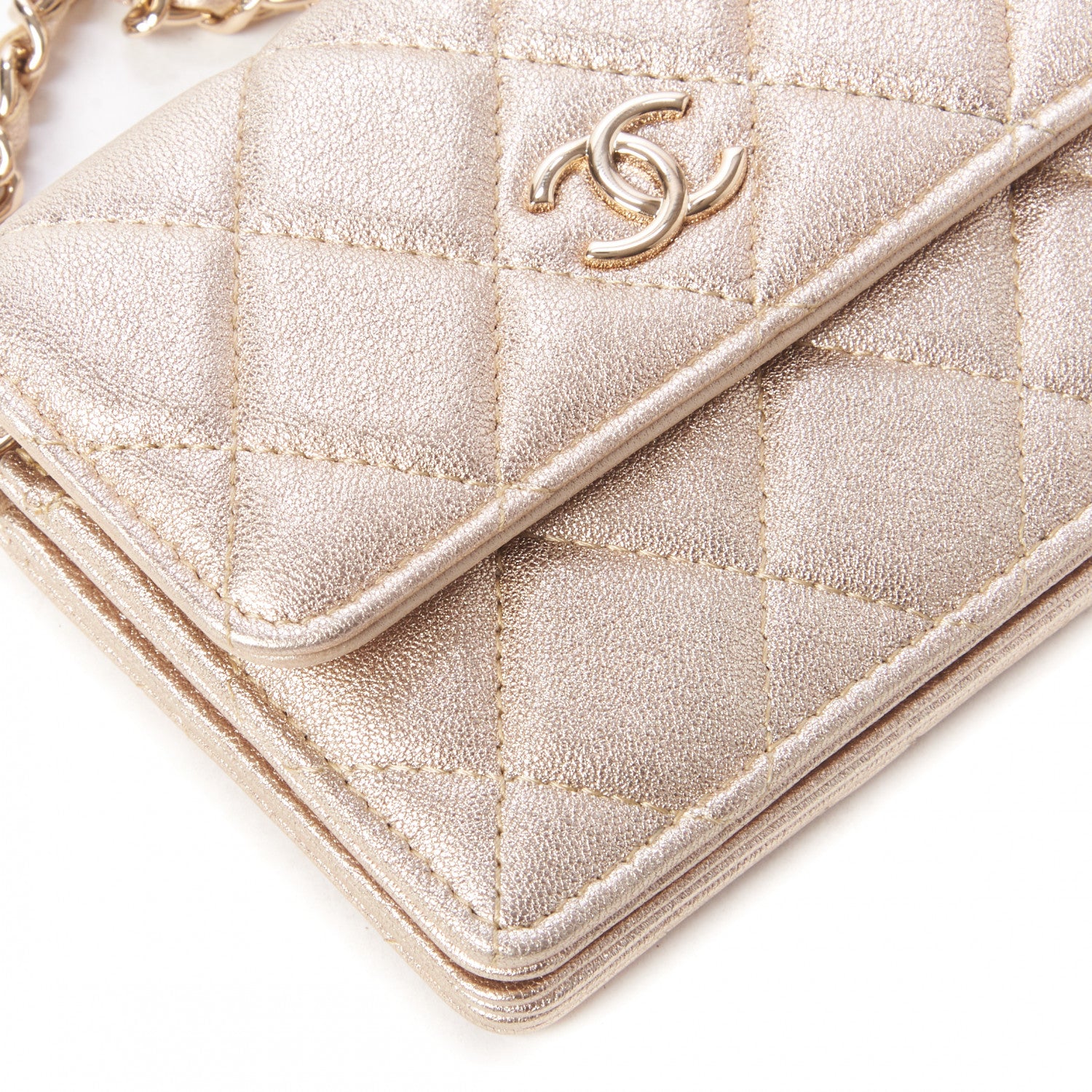 Chanel Metallic Lambskin Quilted Camellia Card Holder On Chain Gold 5 of 10
