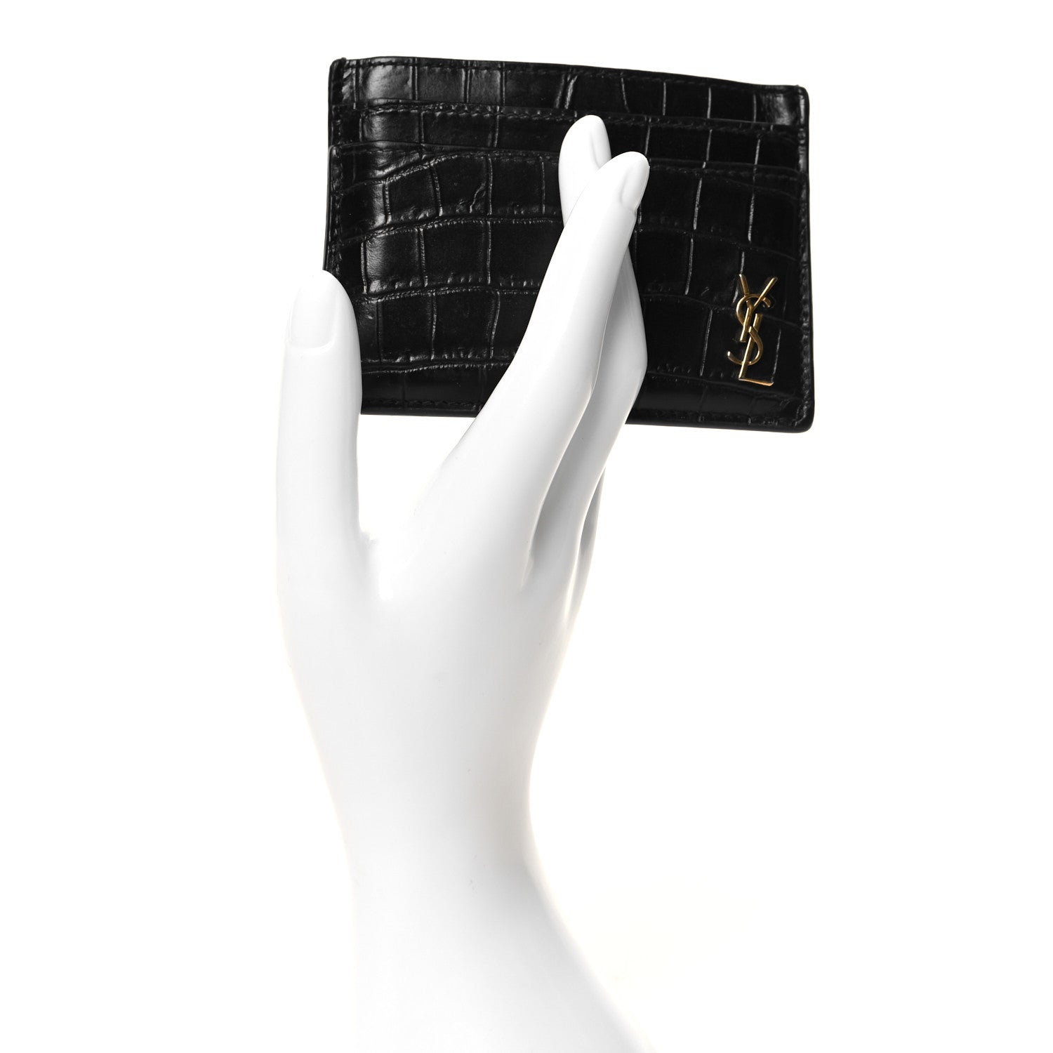 Saint Laurent Calfskin Crocodile Embossed Monogram Tiny Cassandra Credit Card Case Black 2 of 10