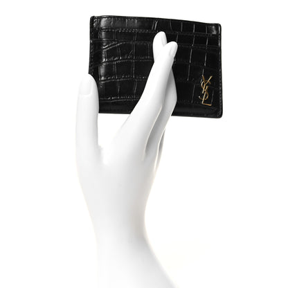 Saint Laurent Calfskin Crocodile Embossed Monogram Tiny Cassandra Credit Card Case Black 2 of 10