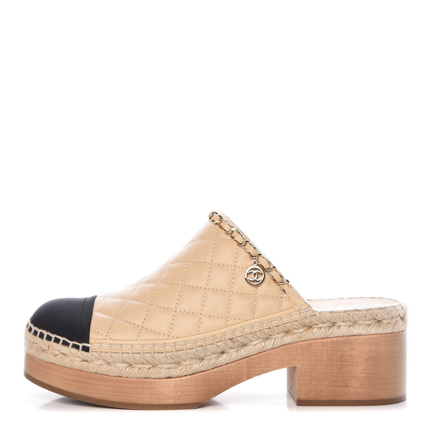 Lambskin Grosgrain Quilted CC Chain Espadrille Mules 41 Beige Black