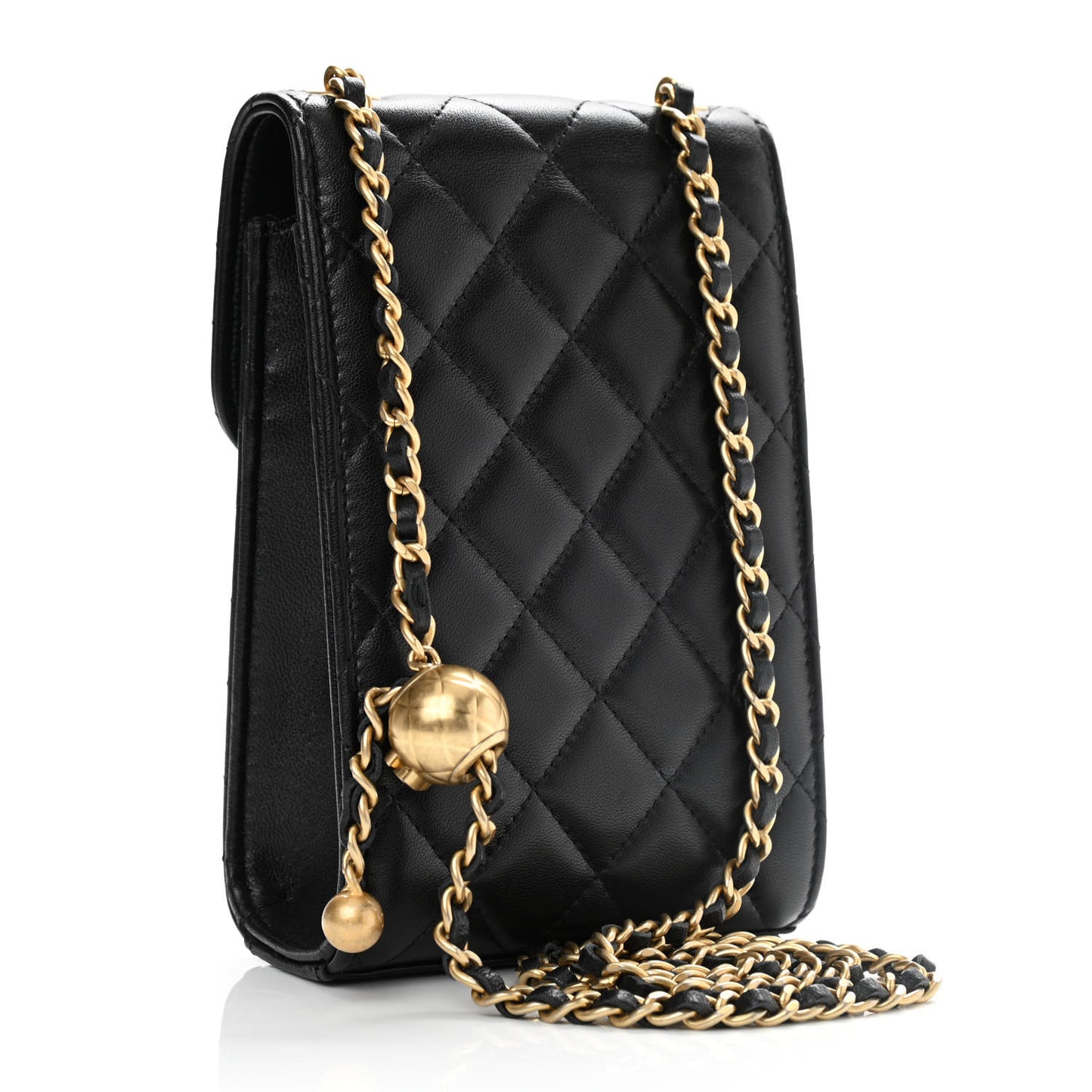 Lambskin Quilted Vertical Pearl Crush Flap With Chain Black