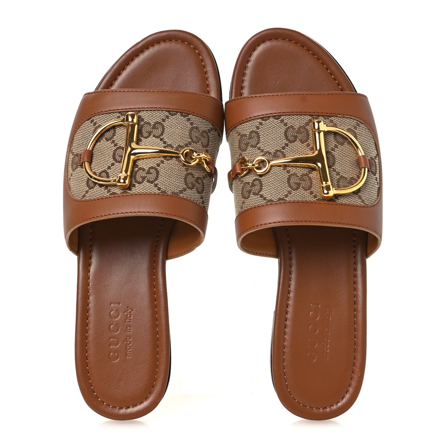 Calfskin Monogram Horsebit Womens Slide Sandals 37 Beige Ebony Sundial
