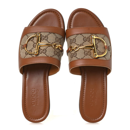 Gucci Calfskin Monogram Horsebit Womens Slide Sandals 37 Beige Ebony Sundial 2 of 12
