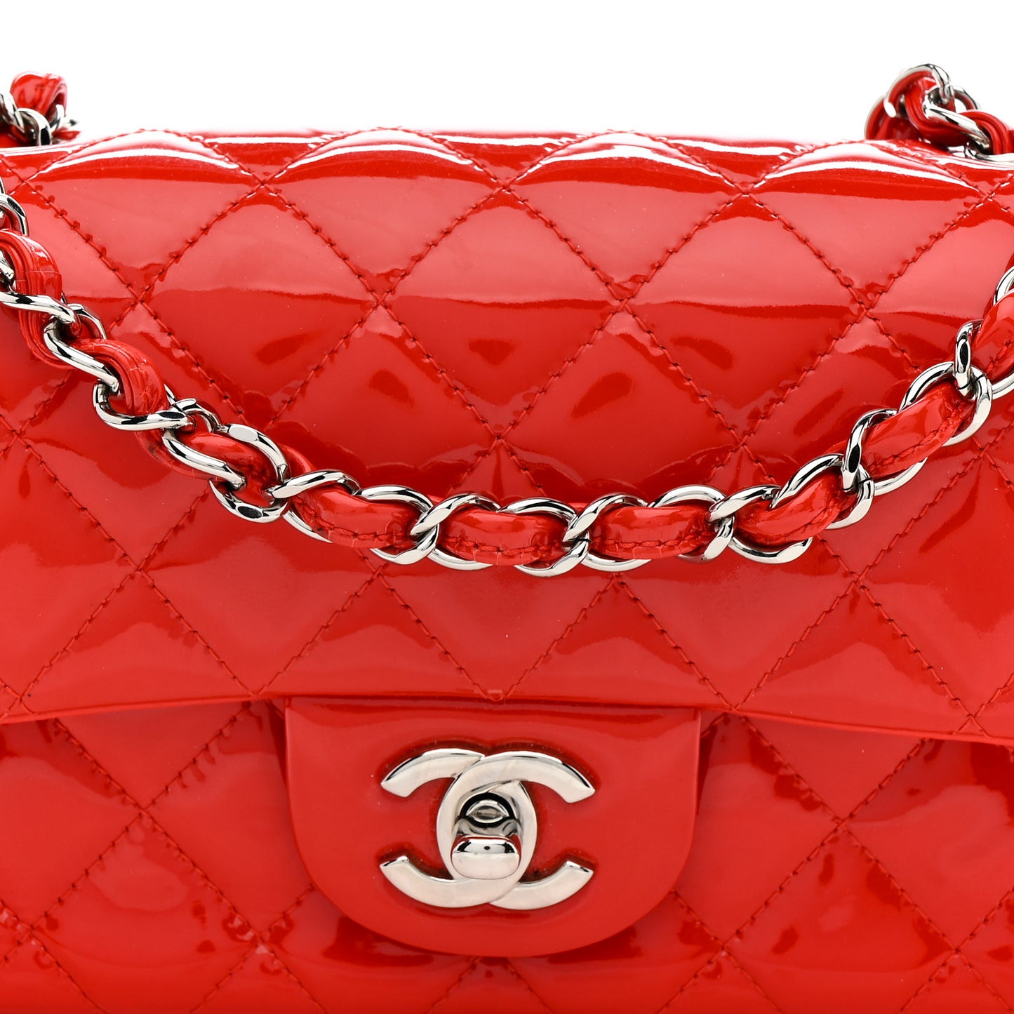 Patent Calfskin Quilted Mini Rectangular Flap Red