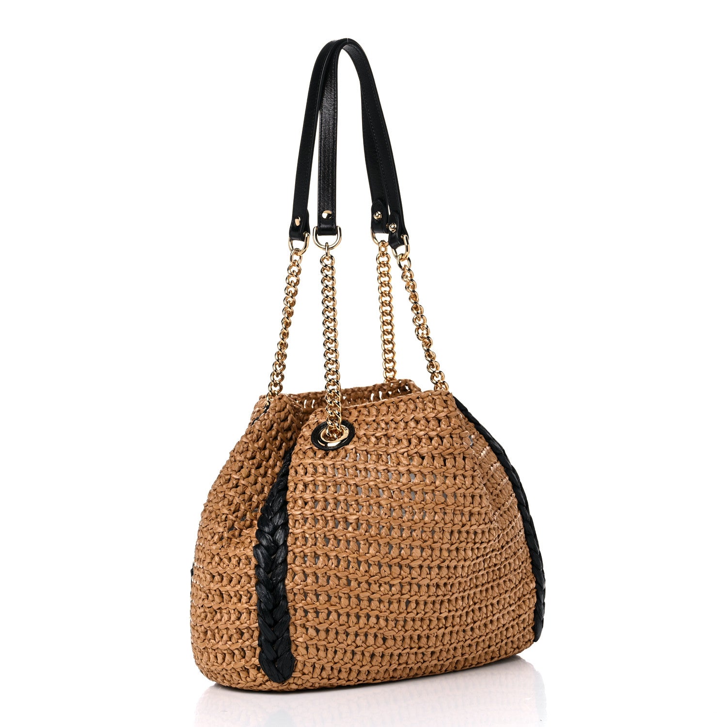 Gucci Raffia Effect Medium GG Marmont Shoulder Tote Bag Natural Black 4 of 11